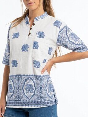 Boho Elephant Print Henley Top Beach Short Sleeve Blouse Peasant Blue White M